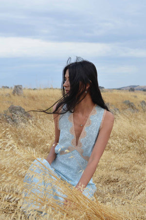 1930s Ice Blue Silk Damask Slip Dress