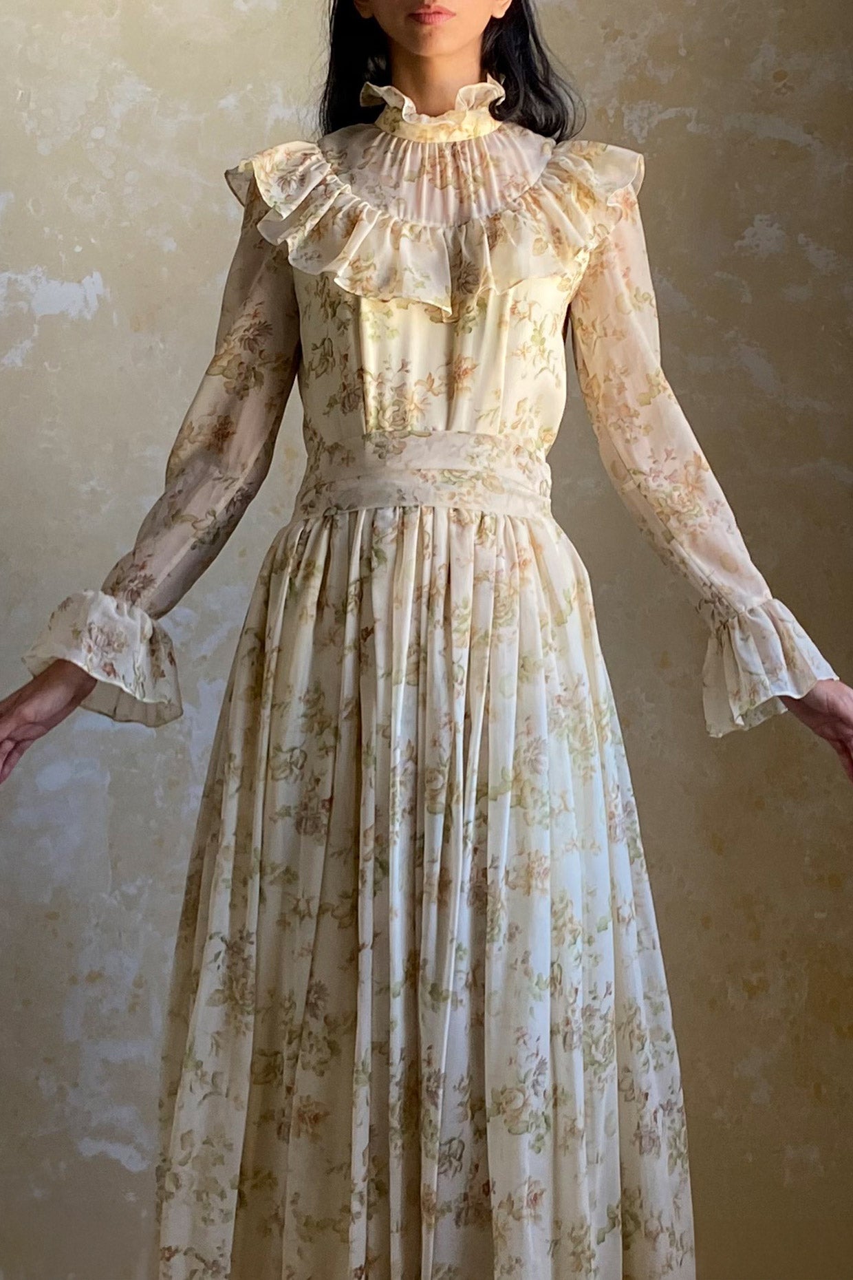 1970s Floral Chiffon Gown
