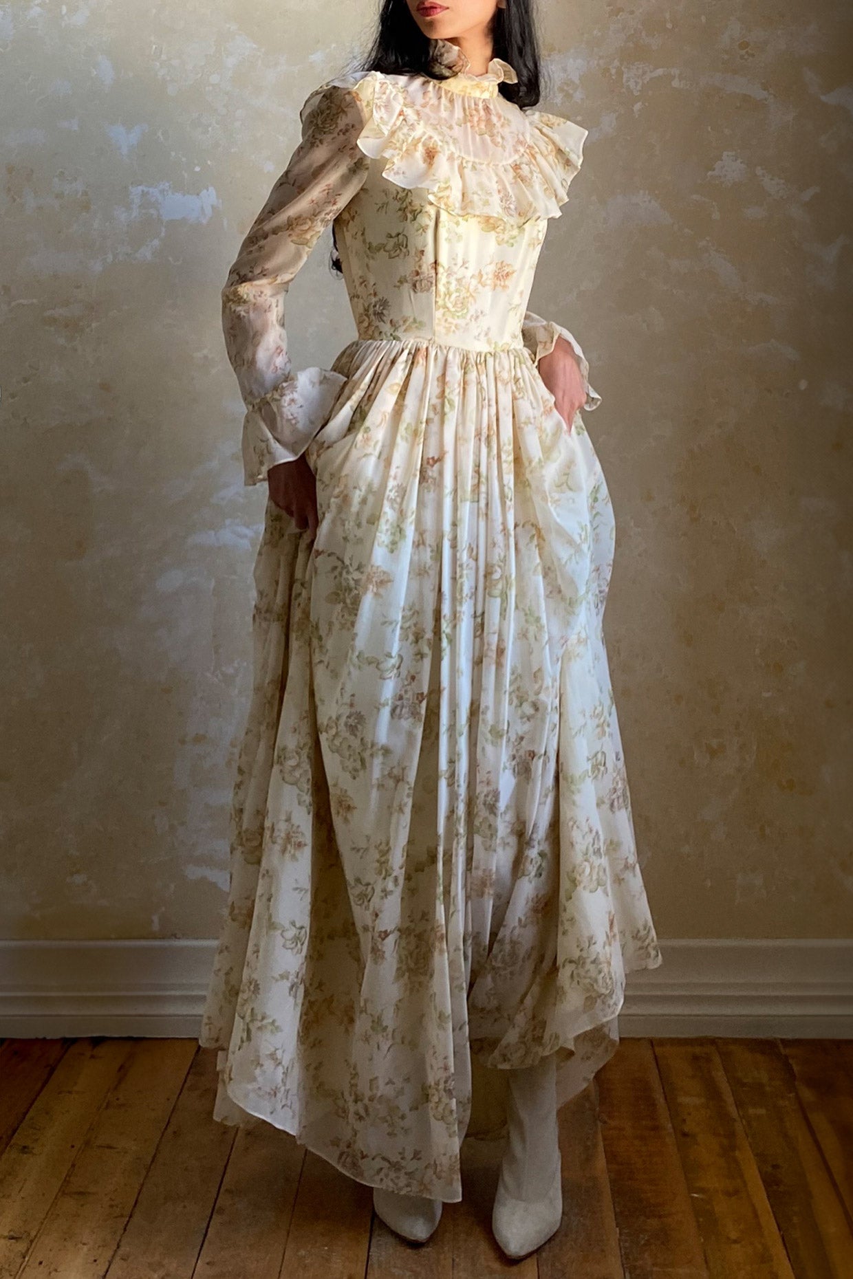 1970s Floral Chiffon Gown