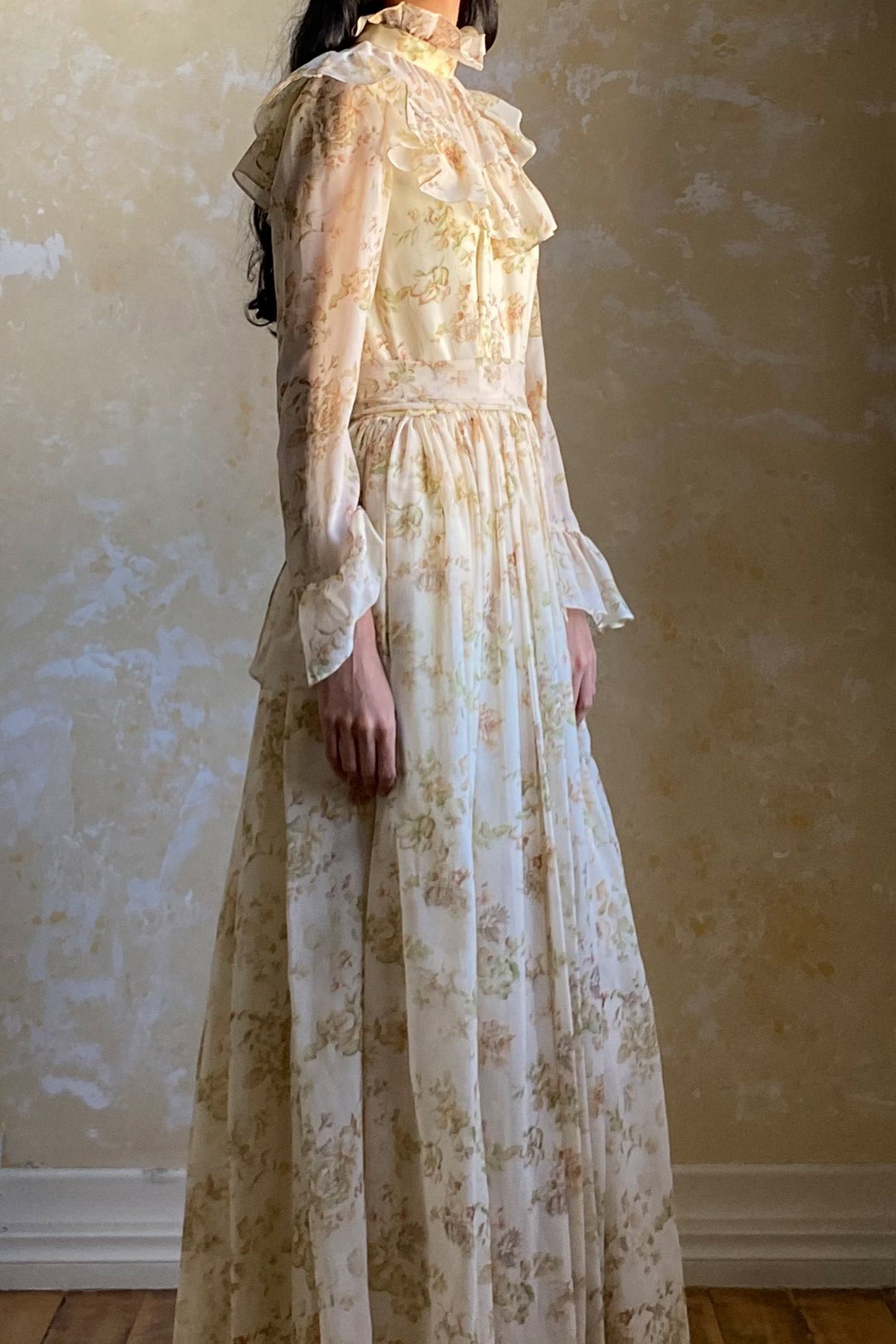 1970s Floral Chiffon Gown