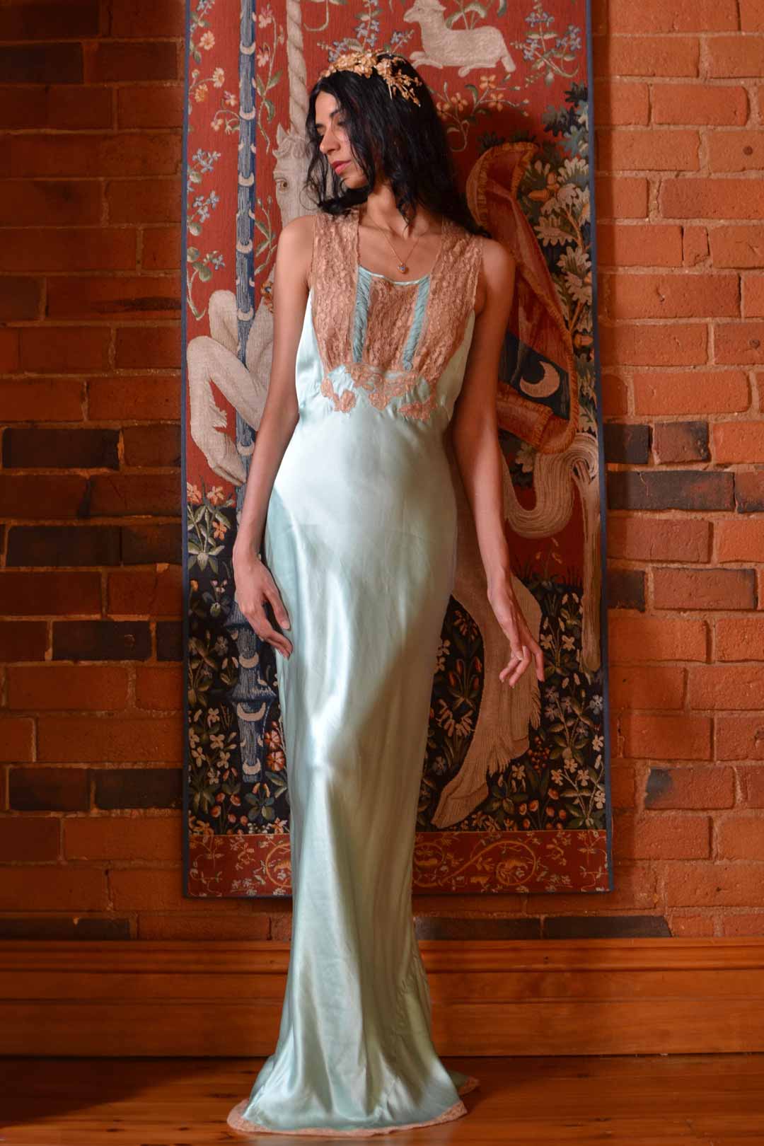 1930s Seafoam Silk Open Back Gown