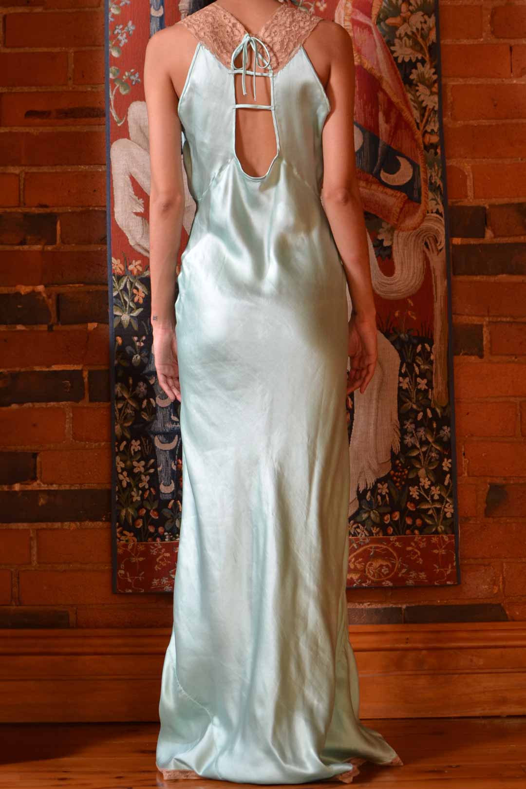 1930s Seafoam Silk Open Back Gown