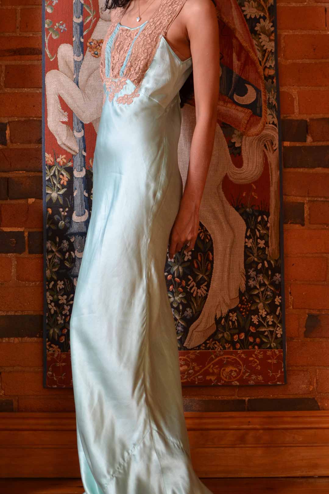 1930s Seafoam Silk Open Back Gown