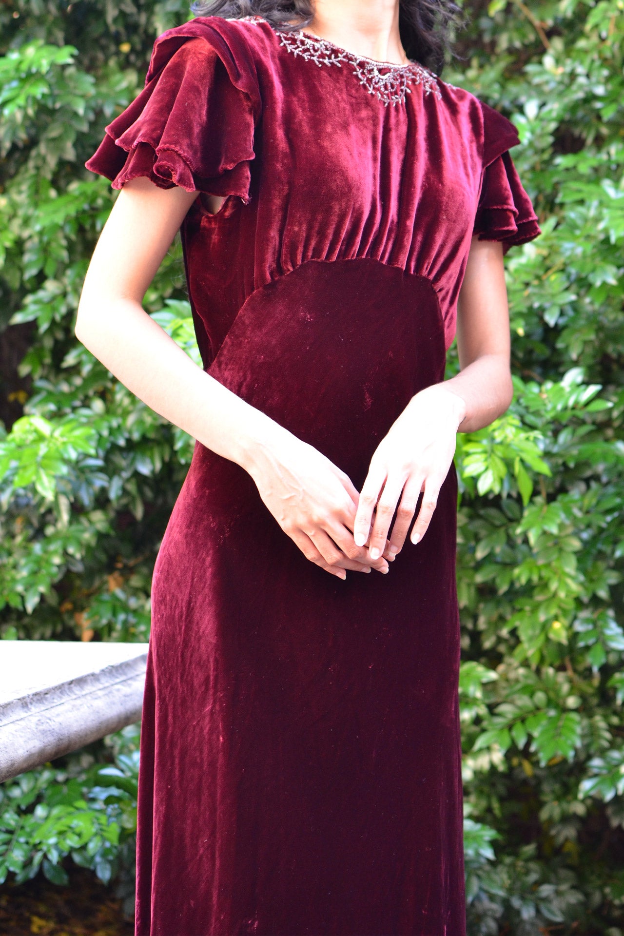 1930s Bias Cut Burgundy Silk Velvet