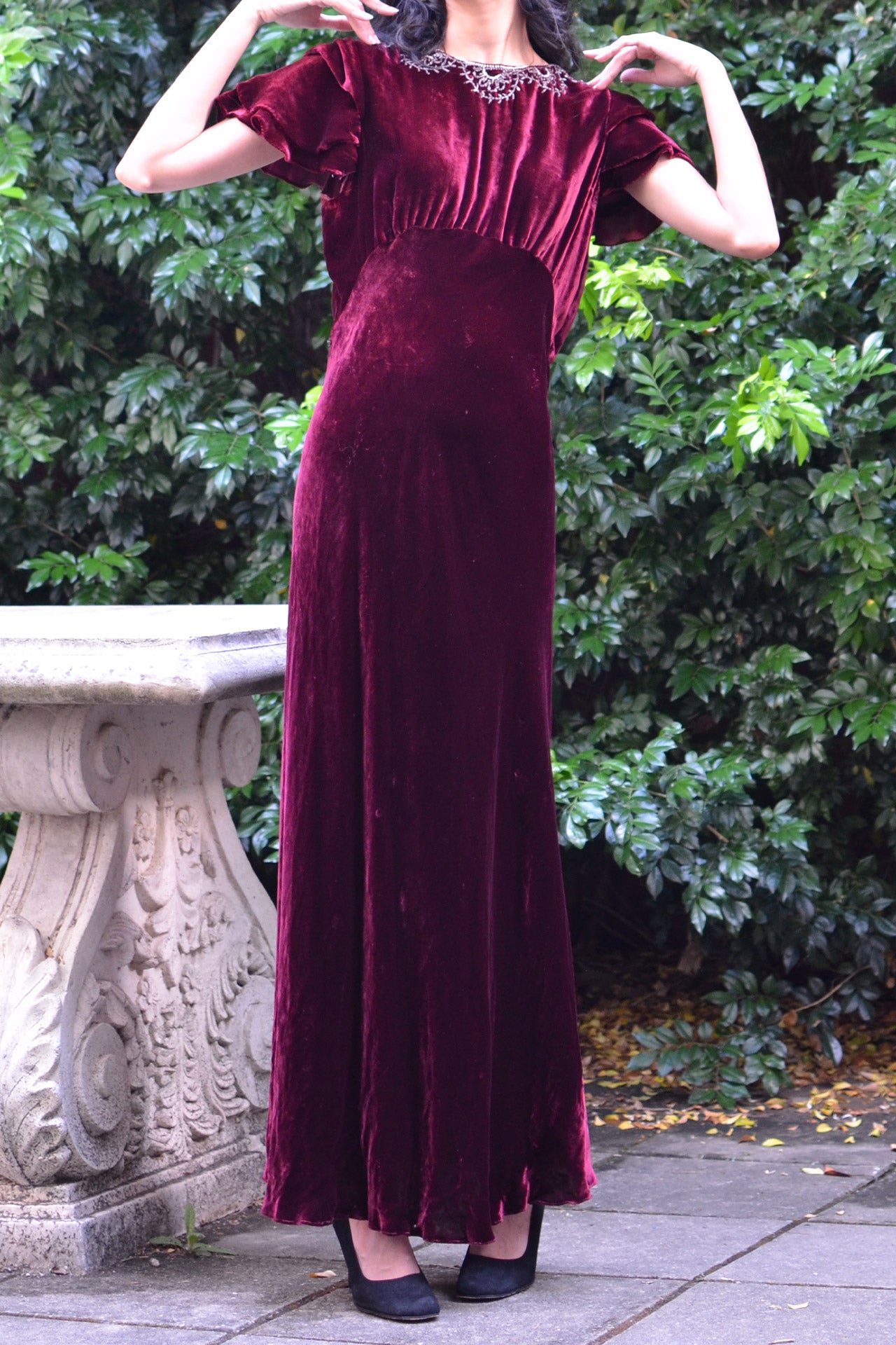 1930s Bias Cut Burgundy Silk Velvet