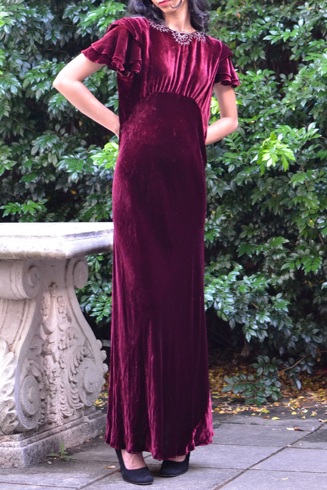 1930s Bias Cut Burgundy Silk Velvet