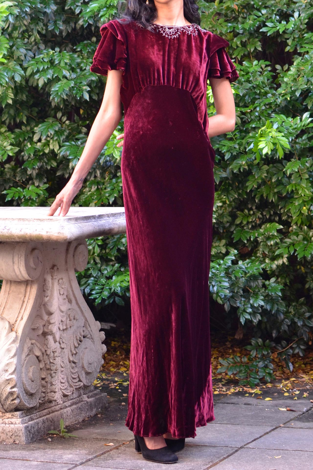 1930s Bias Cut Burgundy Silk Velvet