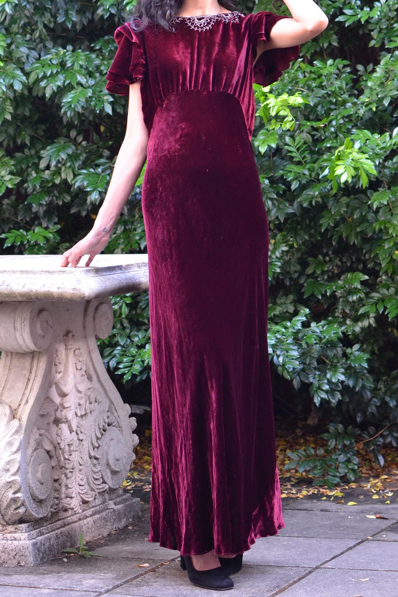 1930s Bias Cut Burgundy Silk Velvet