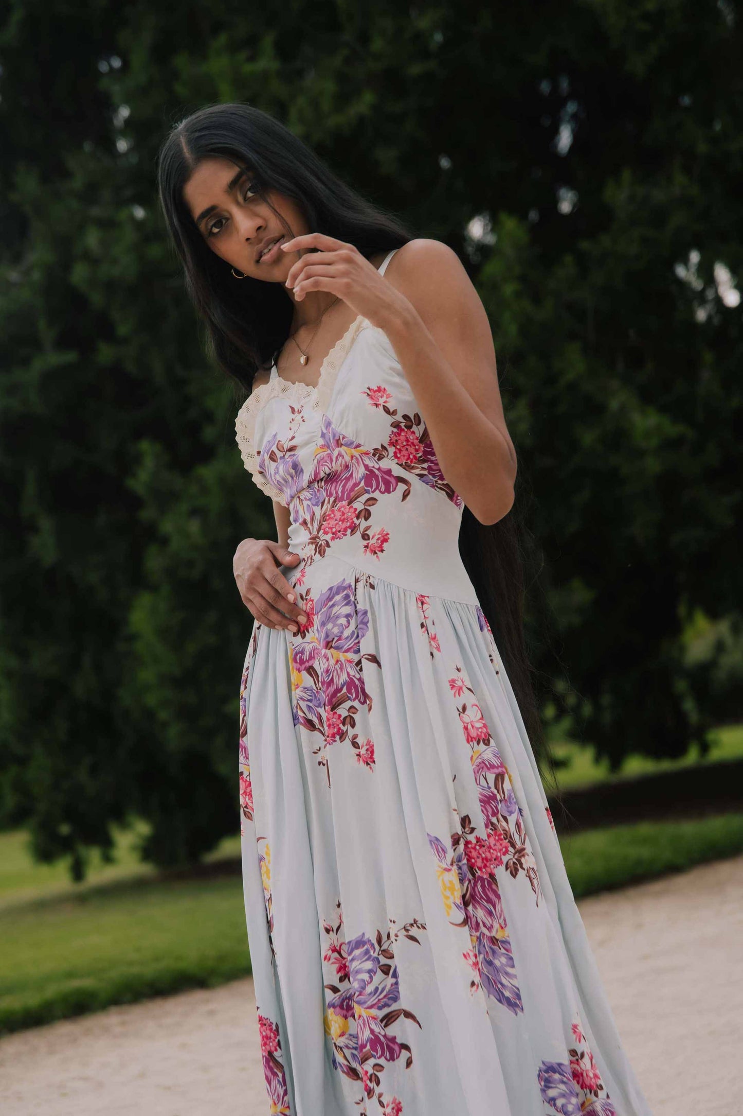 1940s Blue Floral Drop Waist Gown