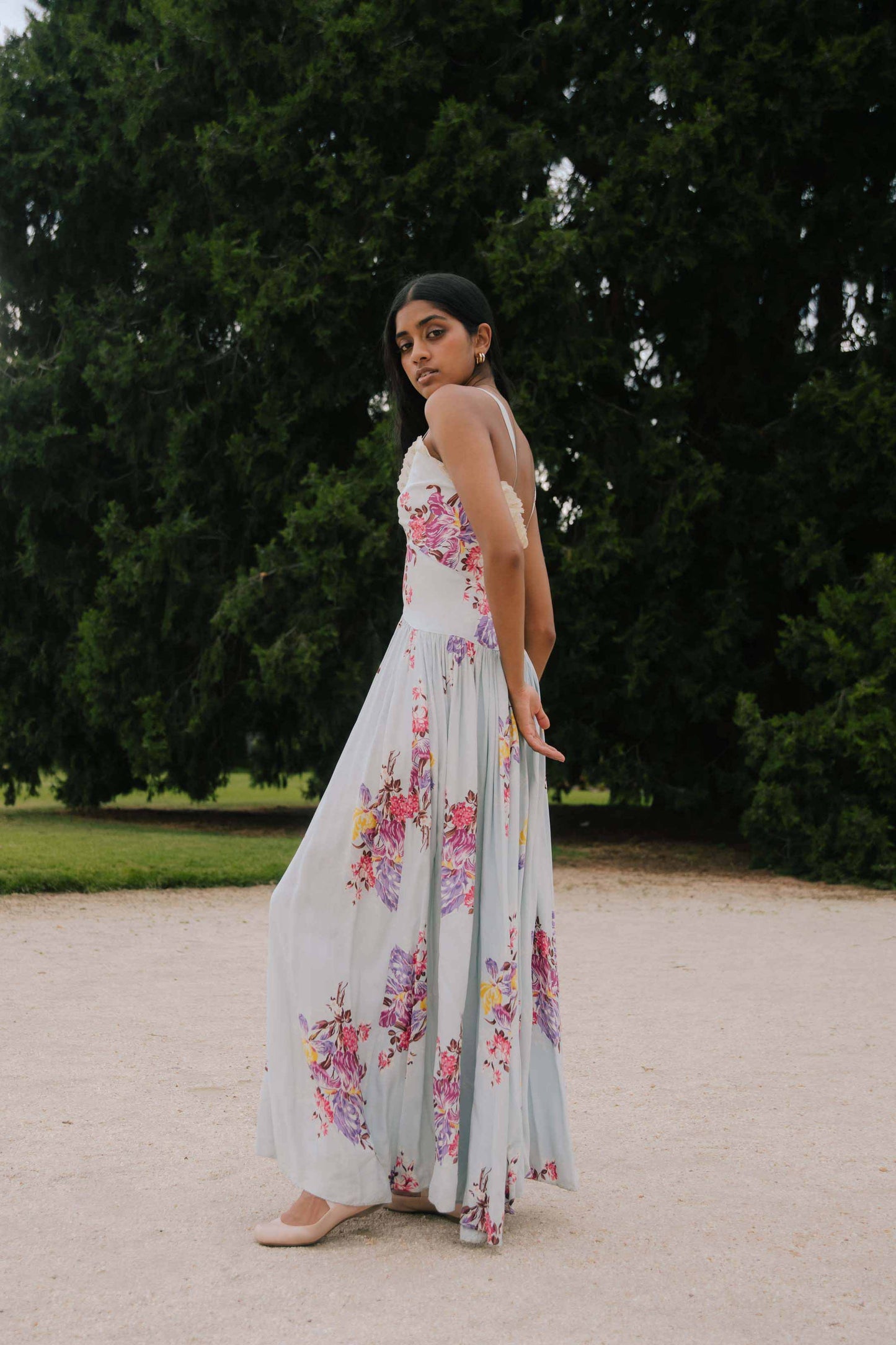 1940s Blue Floral Drop Waist Gown