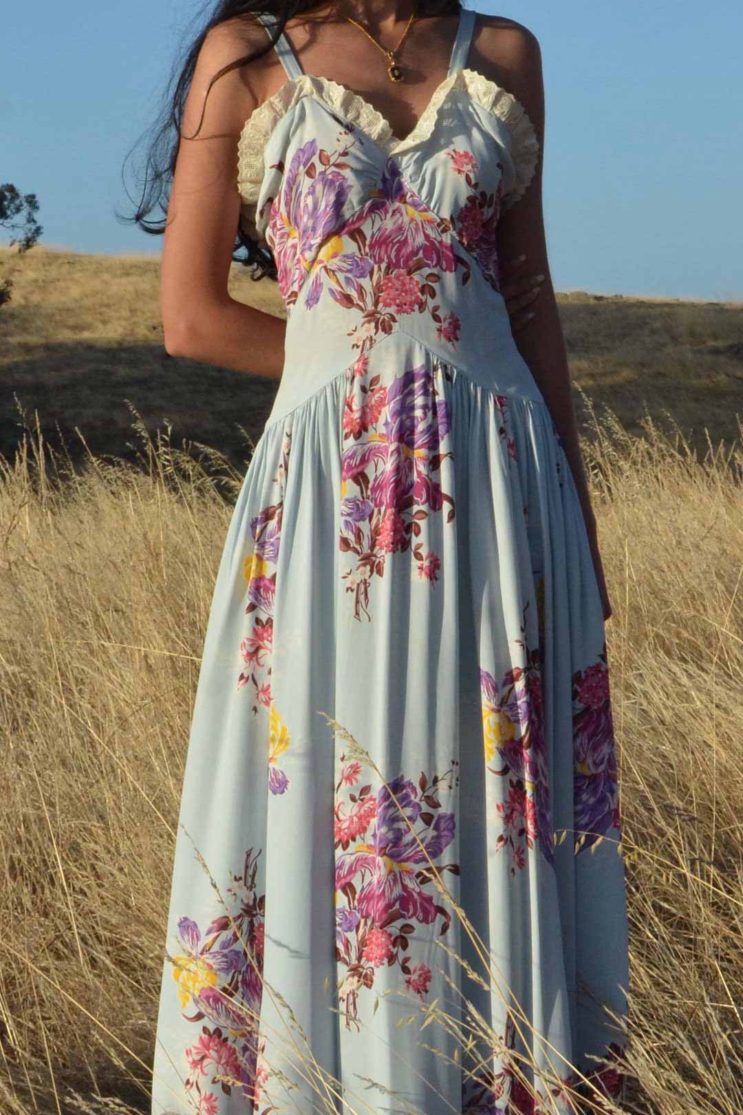 1940s Blue Floral Drop Waist Gown