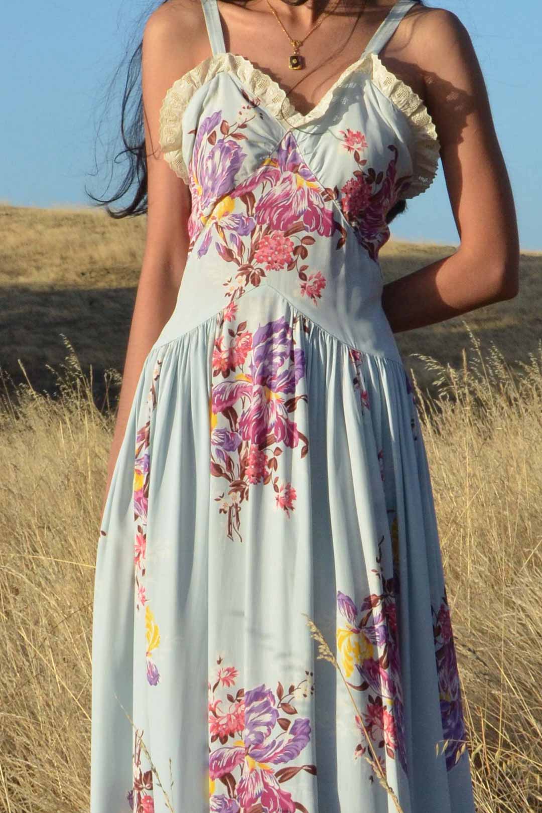 1940s Blue Floral Drop Waist Gown
