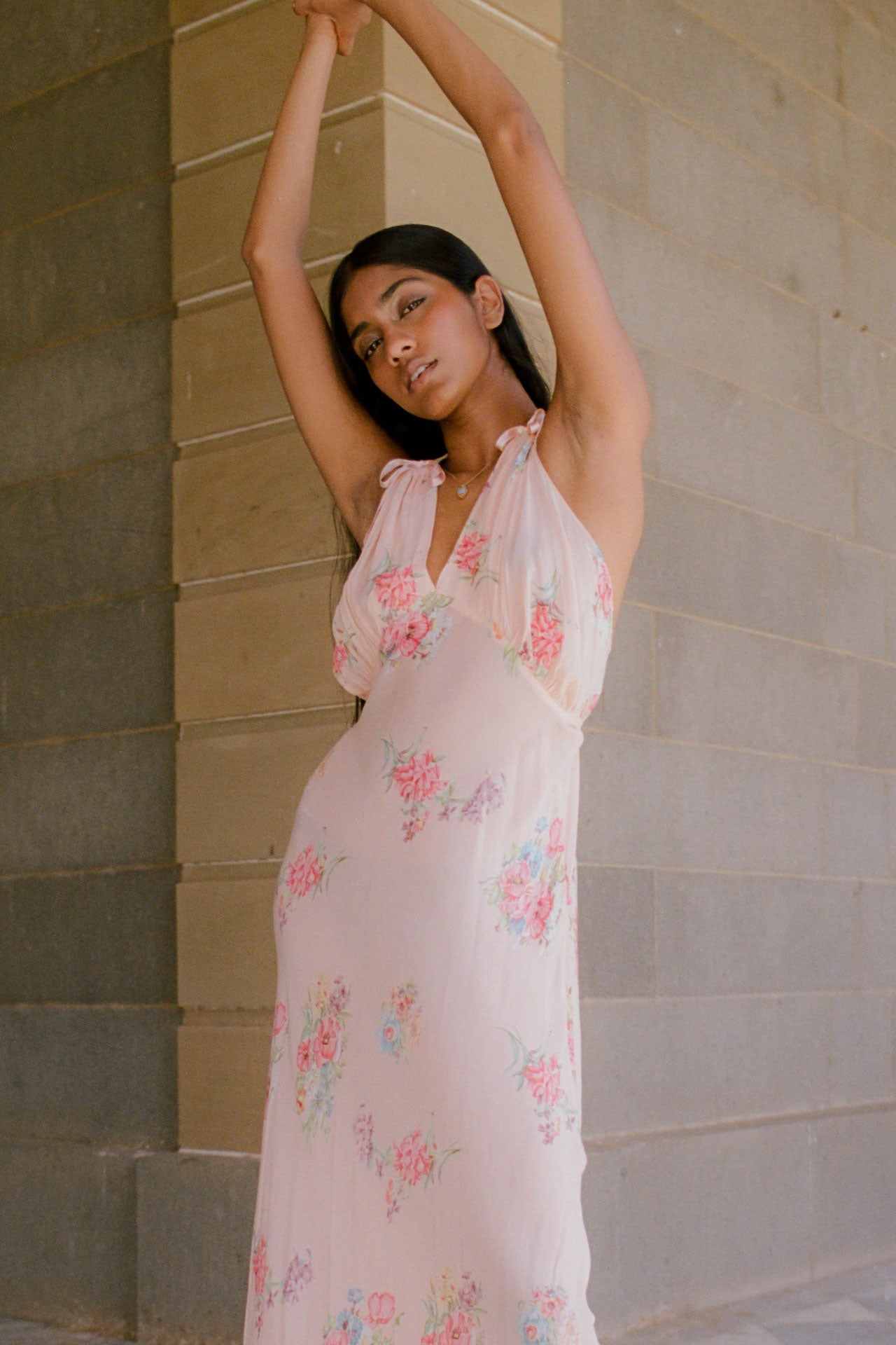 1930s 1940s Pink Floral Crepe Chiffon Slip Dress