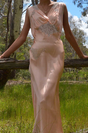 1930s Peach Satin Lace Insertion Slip Gown