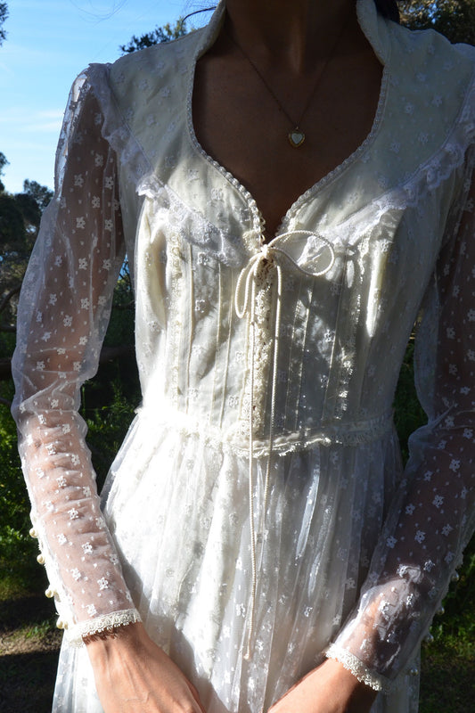 1970s Gunne Sax Lace & Pearl Gown XS/S