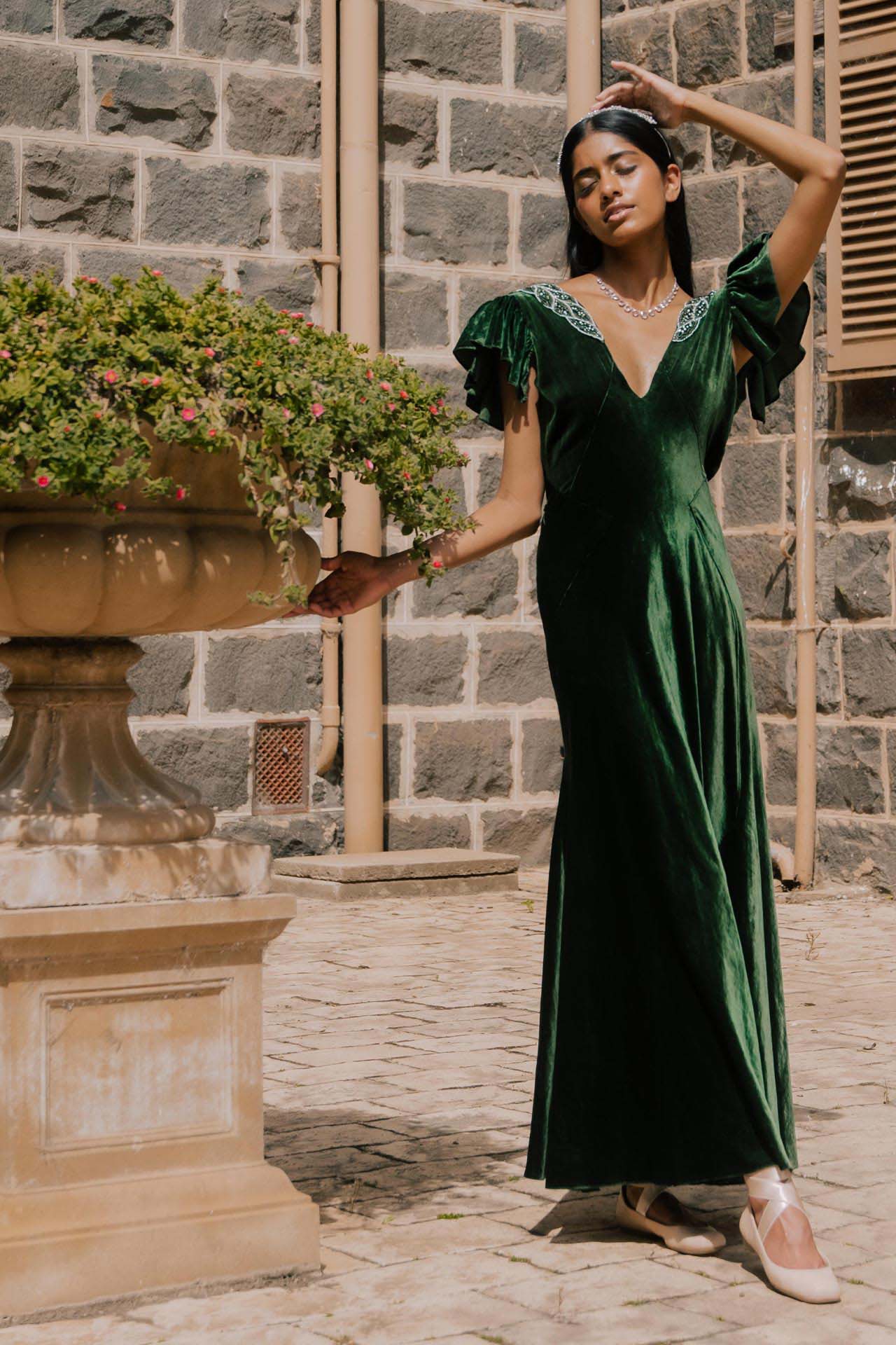 1930s Emerald Green Silk Velvet Rhinestone Gown