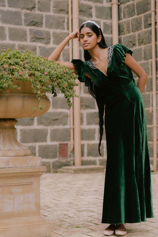 1930s Emerald Green Silk Velvet Rhinestone Gown