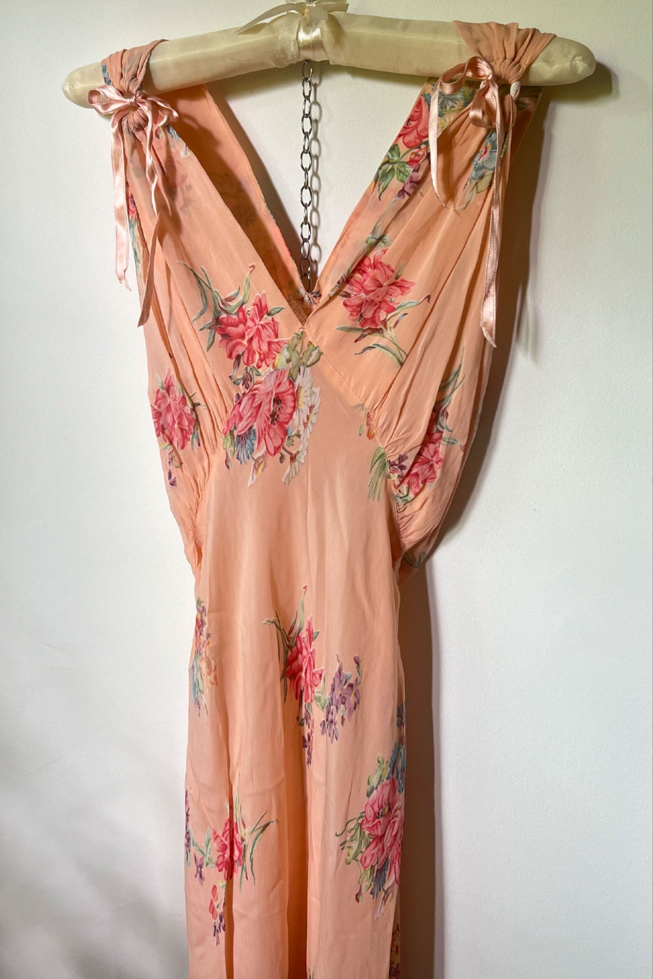 1930s 1940s Pink Floral Crepe Chiffon Slip Dress
