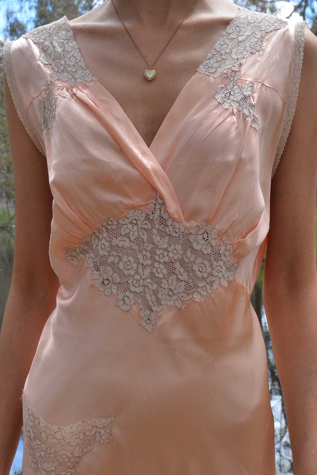 1930s Peach Satin Lace Insertion Slip Gown