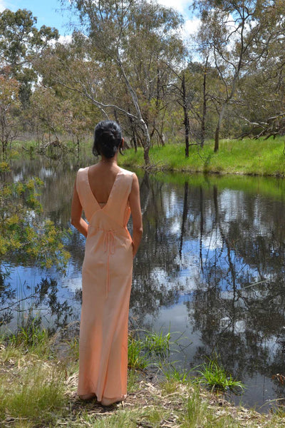 1930s Peach Satin Lace Insertion Slip Gown